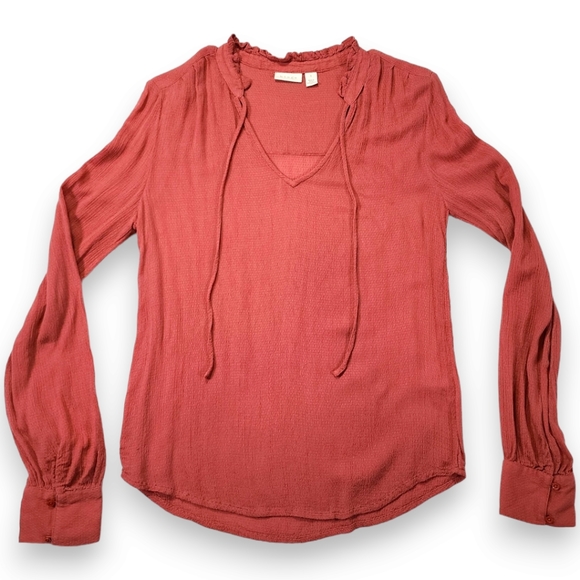 hinge Tops - Hinge V-Neck Long Sleeve Blouse Ruffle Tie Neck Salmon Pink Size Small